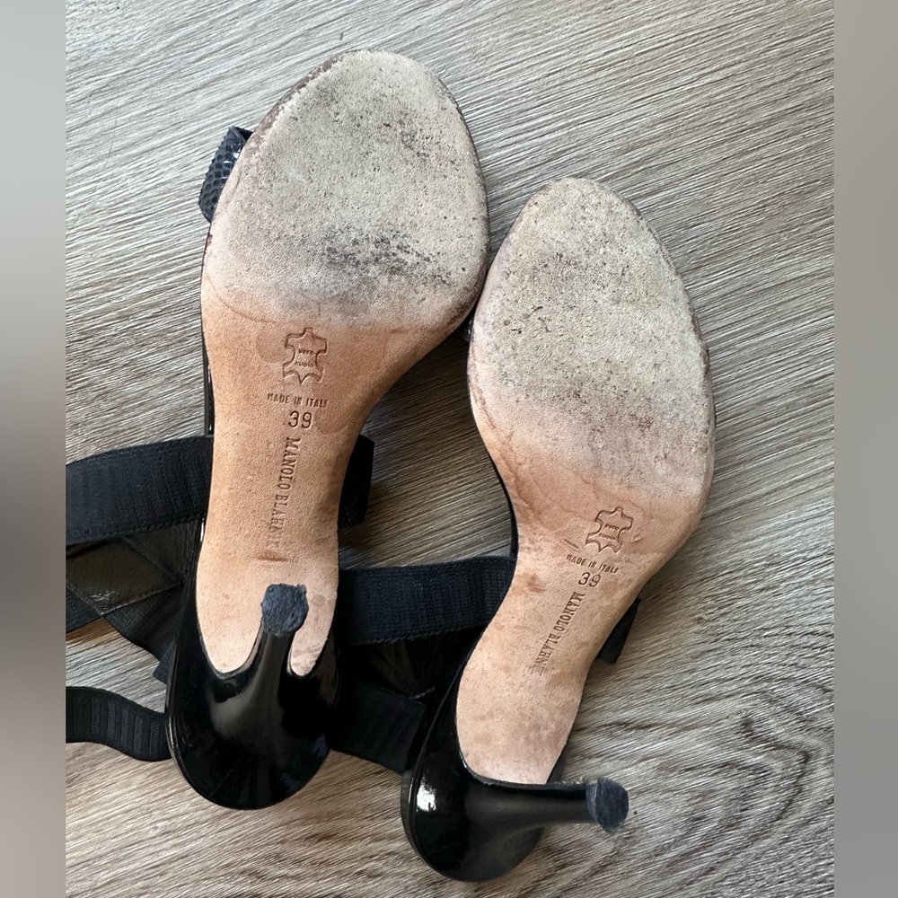 Manolo Blahnik Black Elastic Strappy Snakeskin Open Toe Heel Sandals Size 39 - Picture 7 of 9
